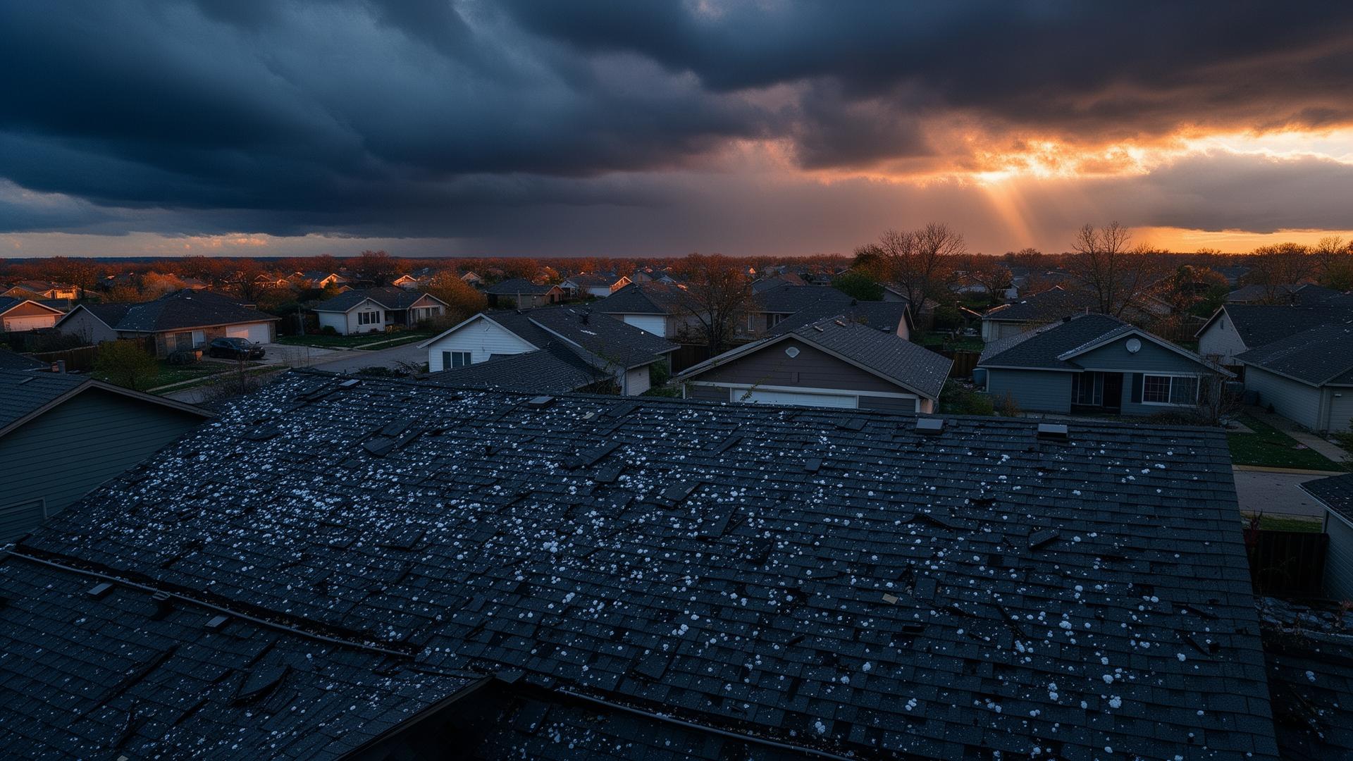 Aerial view of storm-damaged neighborhood roofs at dusk